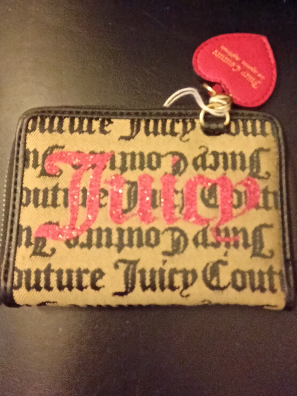 Juicy Couture Tan Pop Out Logo Wallet with Pink Glitter 'Juicy' Accent
